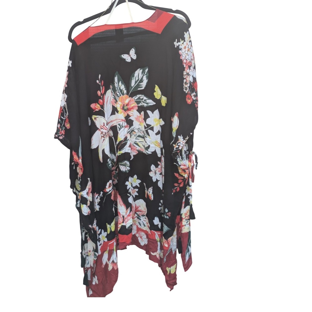 Vince Camuto Floral Kimono Wrap Black Red Butterfly Tassel Coverup One Size - Picture 5 of 6